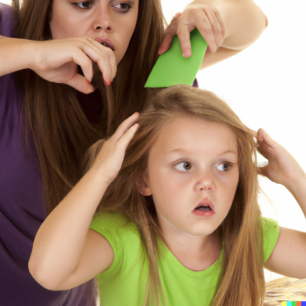 A woman combing her child's hair and looking for head lice