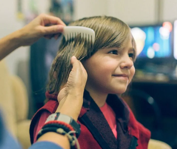 Combing lice treatment looking for head lice in boy’s hair Combing lice treatment looking for head lice in boy's hair