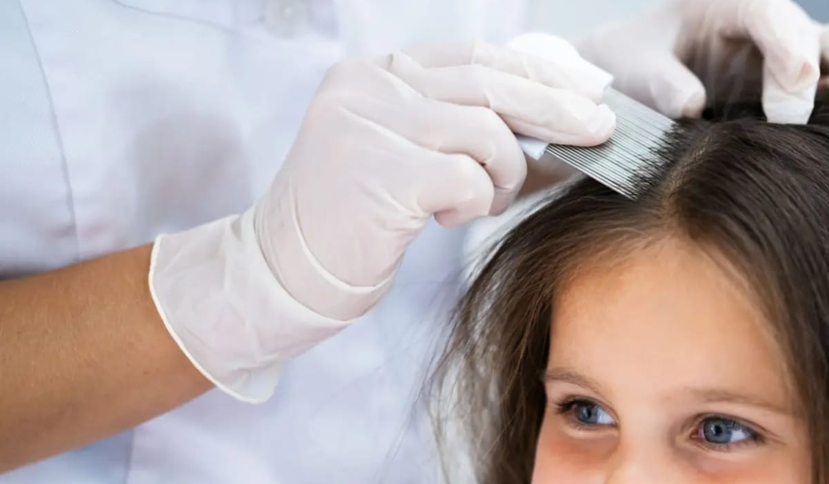 Lice removal expert treating child